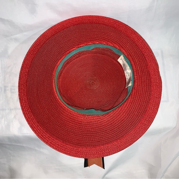 VINTAGE red straw/silk Delia hat SAINT LAURENT PARIS patent leather & silk trim - Picture 5 of 14